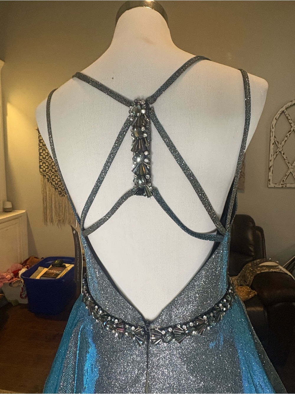 Sherri Hill Silver/green Iridescent Glitter Party Dress with Jeweled Waist - Picture 4 of 5
